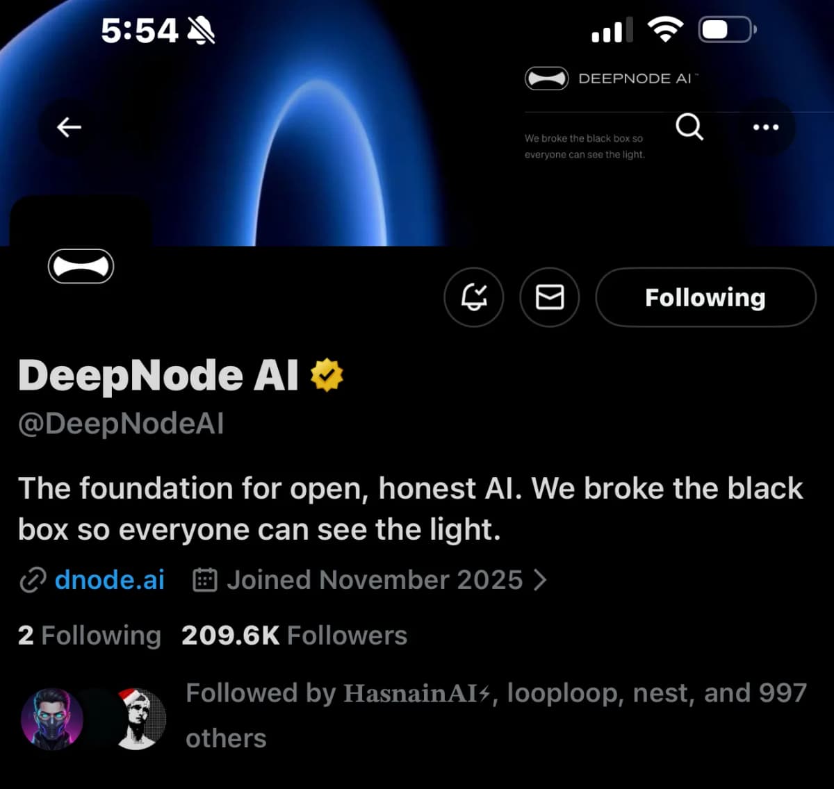 DeepNode AI crypto Twitter follower growth with TweetBoost, from 4.5K to 209.6K followers