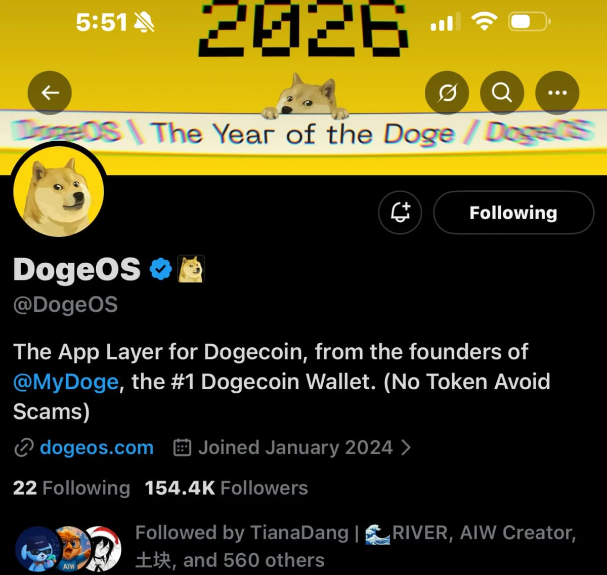 DogeOS crypto Twitter follower growth with TweetBoost, from 61.5K to 154.4K followers