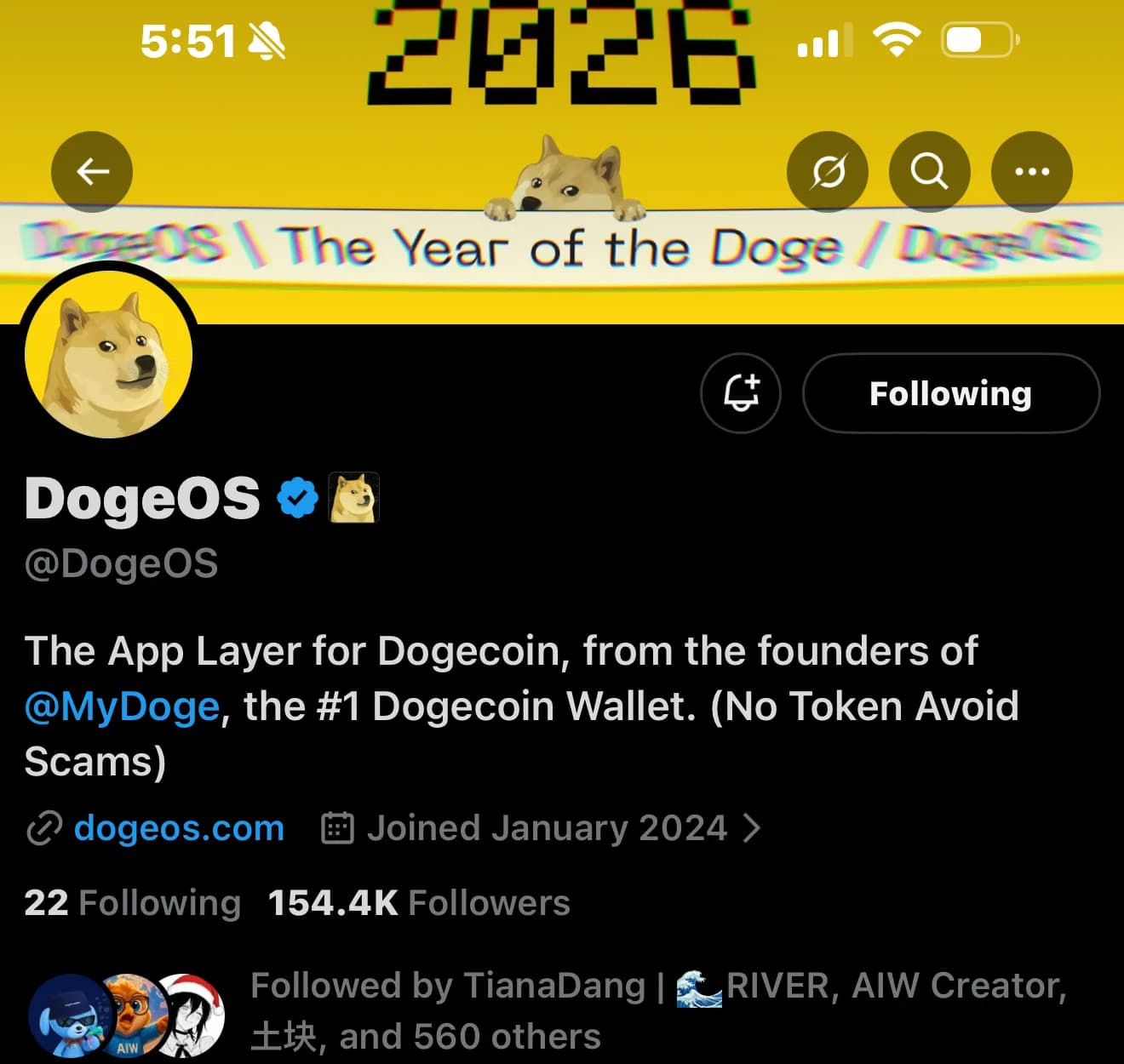 DogeOS Twitter follower growth after buying followers from TweetBoost - grew from 61.5K to 154.4K