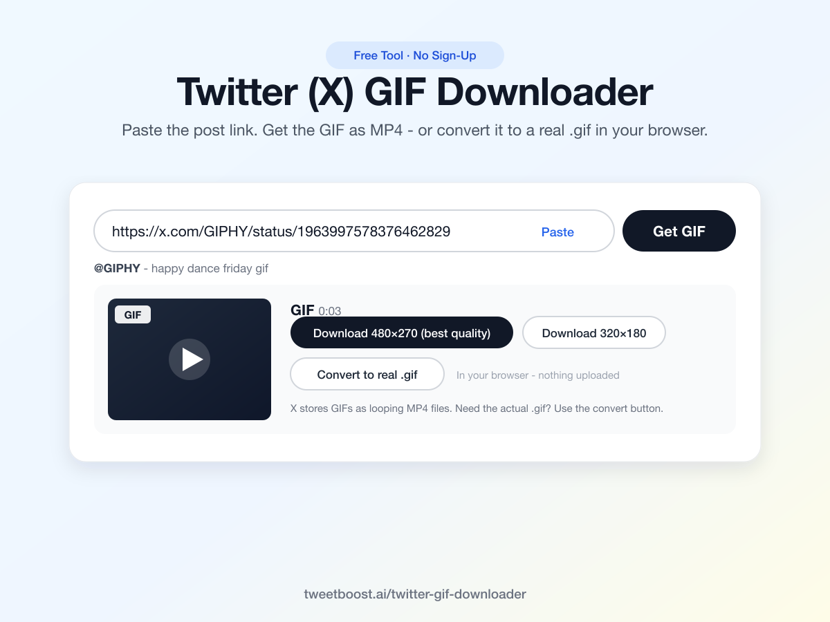 The TweetBoost Twitter (X) GIF downloader with a post link pasted and the GIF ready to download as MP4 or convert to a real .gif